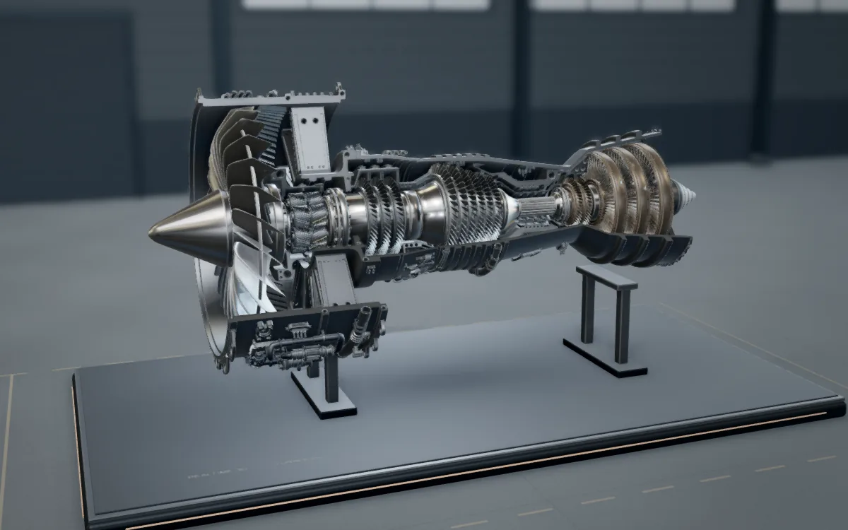 Cutaway turbofan engine on a display stand in a virtual industrial hall