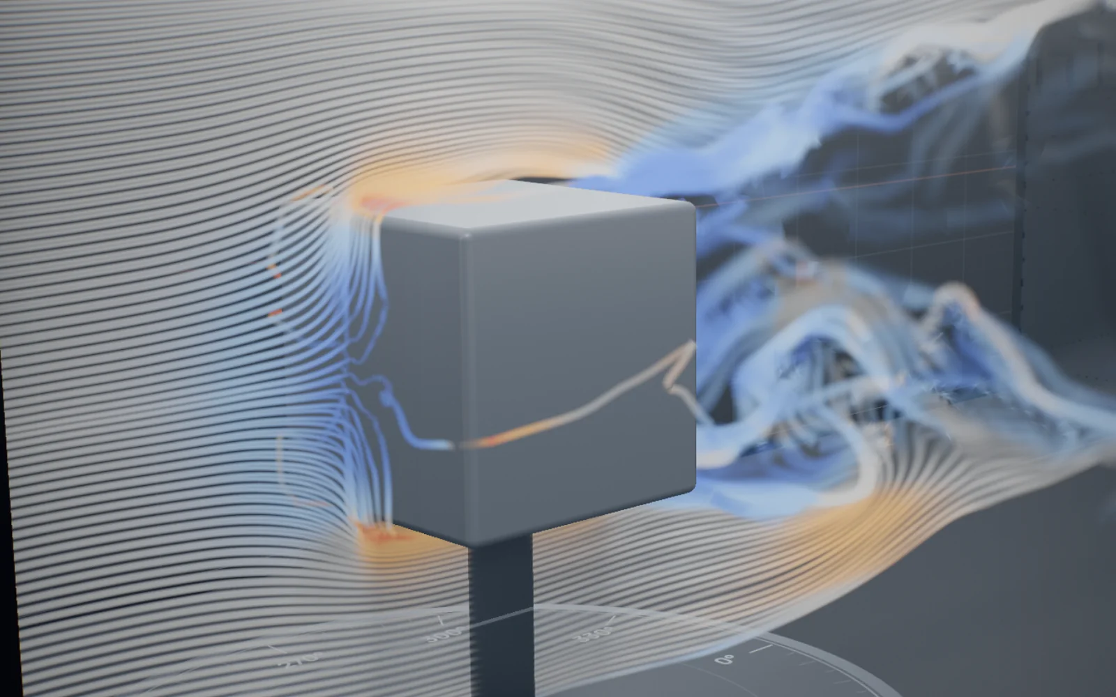 A smoke sheet flowing around a cube in the virtual wind tunnel, orange where the air speeds up and blue where it slows down